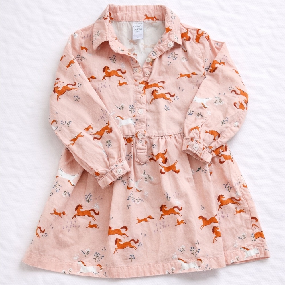 Carter’s Horse Print Dress 2T Toddler Girl Pink Long Sleeve Western Dress